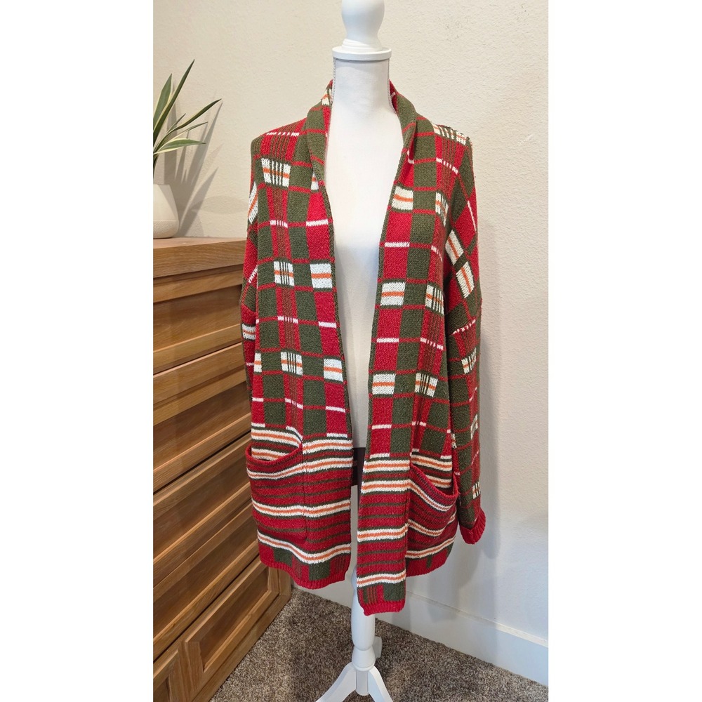 Sinransinya Plaid Open Front Cardigan Oversized Shawl Collar Red Green One Size